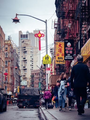 A vertical shot of a busy day in the Chinatown Area of New york