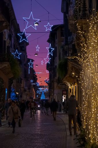 A shot of a Verona, Italy street before Christmas celebration with the decorations