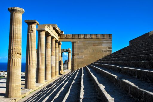 View of Columns and pillars of ancient  temples in the acropolis of Lindos in Rhodes Island, Greece