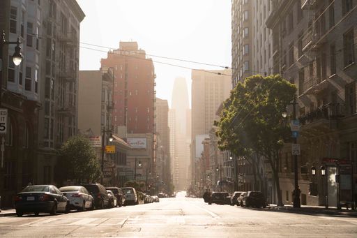 The walk along the street with skyscrapers in San Francisco, California