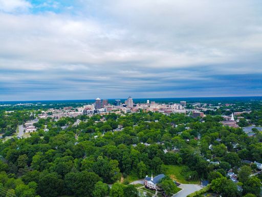 A high angle shot of a Greensboro skyline on a cloudy day with green trees and churches below