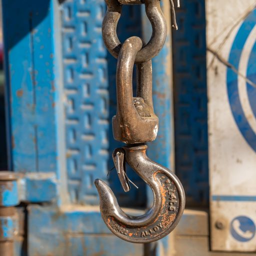 A closeup shot of a steel hook of a loader on a chain