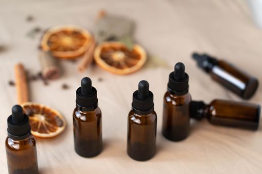 A closeup of essential oils on the table