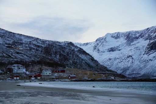 A beautiful view of houses near the lake in winter in Norway