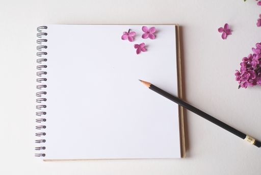 A high angle shot of an open notebook with a copy space decorated with lilac petals and a pencil on a white surface