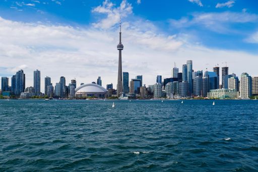 A panoramic view of Toronto, Canada and the sea and the skyline