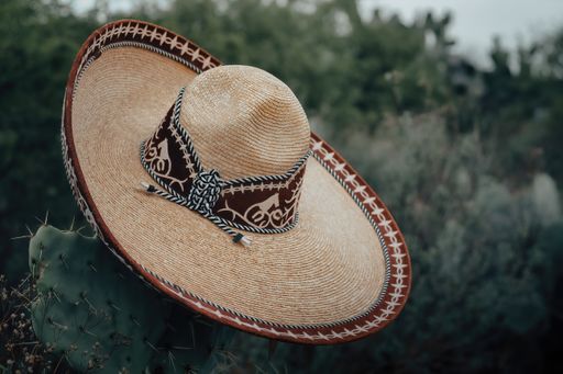 A close-up shot of an elegant charro hat hanging from a cactus
