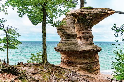 A closeup of rock formations in Munising, Michigan