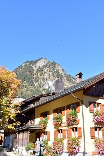 A vertical shot of a beautiful house with mountain in the background