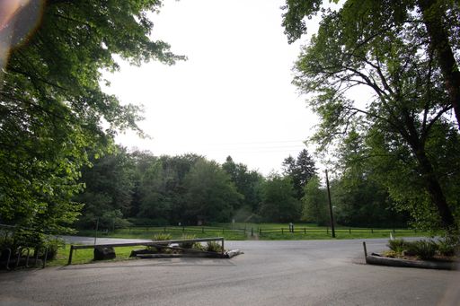 A shady view of a parking lot near the park at day