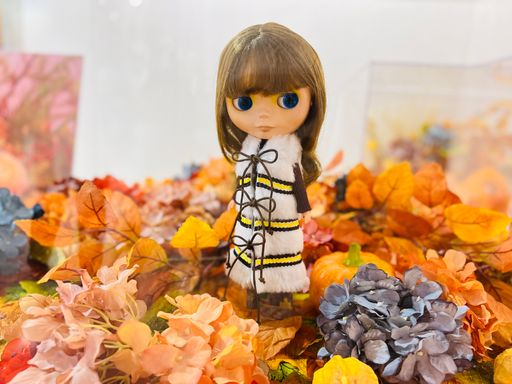A closeup shot of a beautiful doll on the autumn leaves background