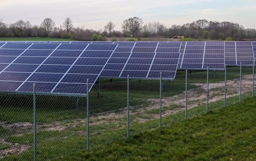 The solar panels in a field covered in greenery under the sunlight