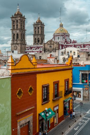 A vertical shot of Puebla Cathedral and colonial architecture. Puebla, Mexico.
