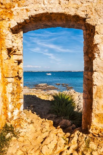A sea view from Kastelina castle, fortress ruins on Vir island, Croatia, Europe. Summertime.