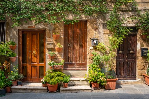 Many potted plants at the wooden entrance doors in Pitigliano, Italy