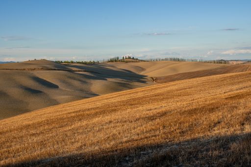 A steppe under a blue sky on a sunny day in Tuscany, Italy
