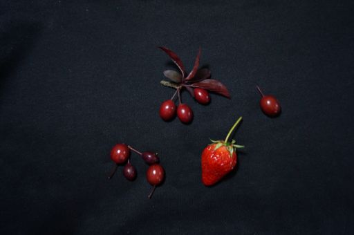 A closeup shot of strawberries and cherries on dark background