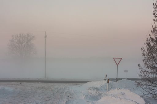 A beautiful rural snowy road on a misty field