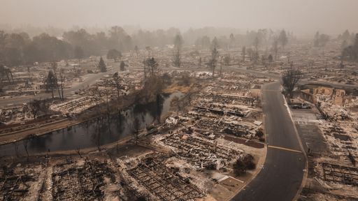 aftermath of wildfire Aerial View of the Almeda Wildfire in Southern Oregon Talent Phoenix Northern California. Fire Destroys many people's livelihood