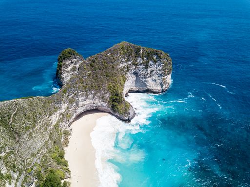An aerial view of the Nusa Penida island on a sunny day in Bali, Indonesia