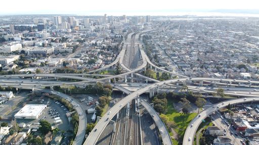 An aerial shot of the MacArthur Maze Oakland California, USA