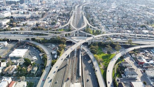 An aerial shot of the MacArthur Maze Oakland California, USA