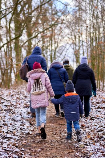 A group of adults and children walking on a footpath in a small forest on a cold winter day