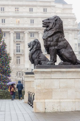 A closeup of lian statues near a building