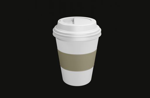 A 3D render of a disposable coffee cup with a holder on a black background