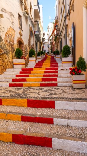 A staircase with the steps painted with the flag of Spain in the Alicante