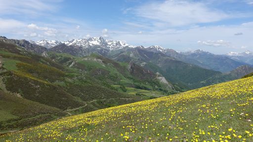 A landscape of mountains covered in greenery and snow under the sunlight - perfect for wallpapers