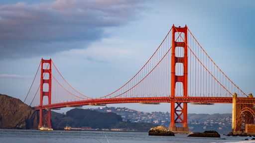 A horizontal shot of the Golden Gate Bridge in San Francisco with clear skies