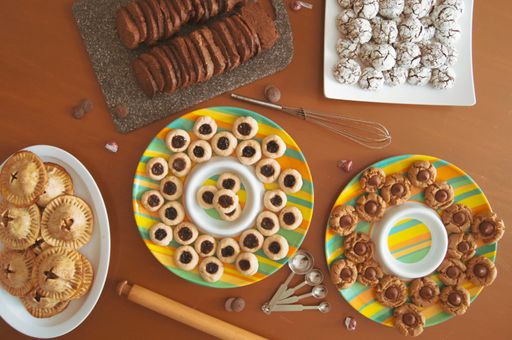 A top view of various types of delicious cookies on a table