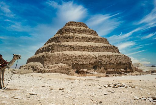 A pyramid with a camel in Cairo, Egypt
