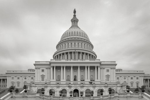 The black and white image of the US Capitol Building in Washington DC, USA