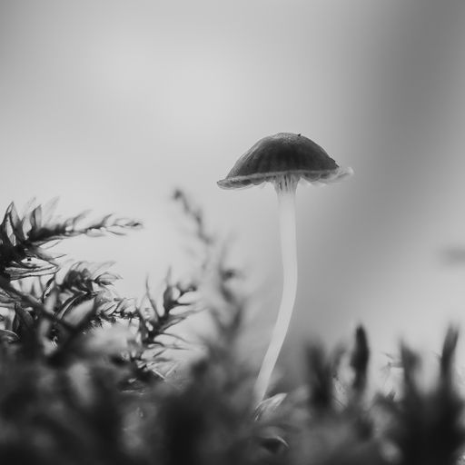 A greyscale selective focus shot of a small white mushroom in the nature