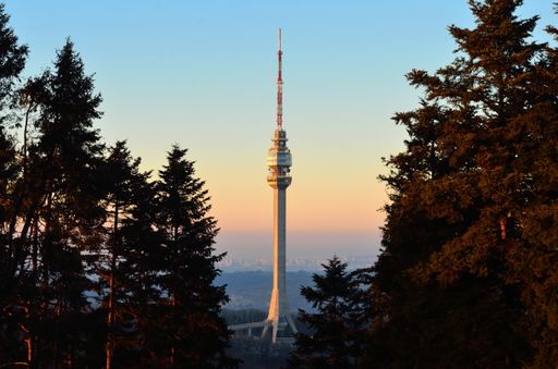 A distant view of the Avala Tower surrounded by the trees in Beli Potok, Serbia