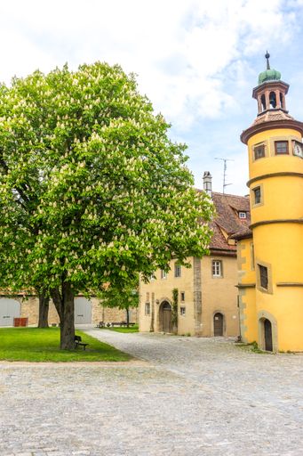 A vertical shot of a historic stone building in Rothenburg ob der Tauber, Germany
