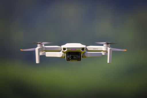 A closeup of the drone hovering in the air.