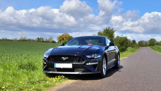 Black Ford Mustang V8 sports car in front of a northern germany landscapes on a sunny day.