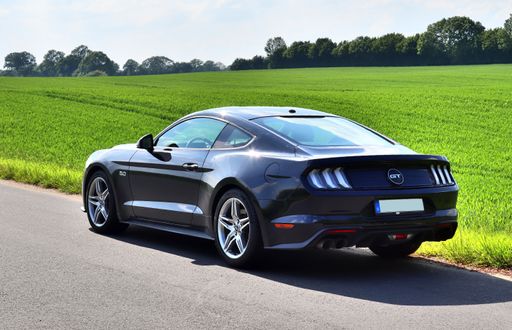 Black Ford Mustang V8 sports car in front of a northern germany landscapes on a sunny day.