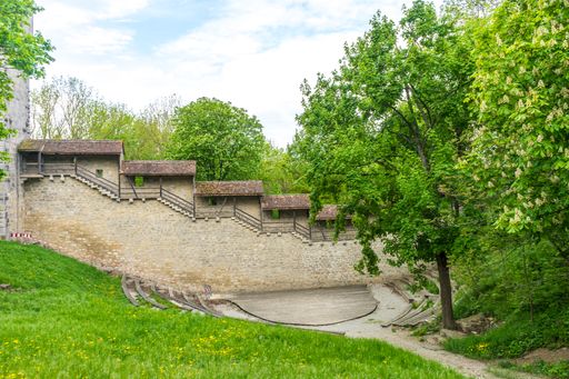 A walking trail near a stone wall with small houses in Rothenburg ob der Tauber, Germany
