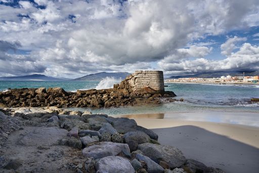 A scenic view of a sandy coast and a wavy ocean on a sunny day