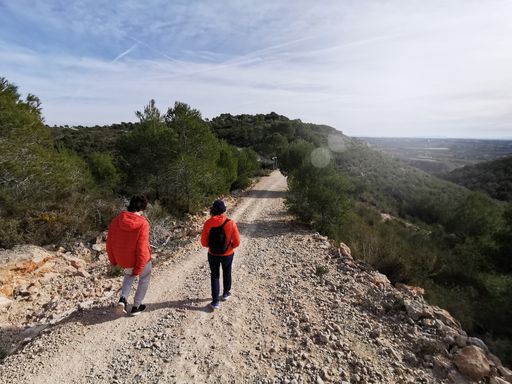 Two adult people trekking on hills covered in greenery under a cloudy sky and sunlight