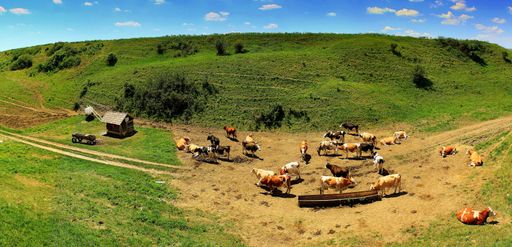 A panoramic shot of cows grazing in a meadow