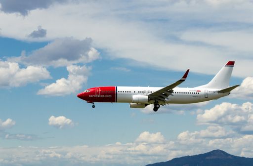 AN aerial view of Norwegian plane Boeing 737, landing at Barcelona, El Prat airport