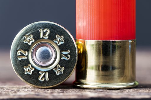 A closeup shot of bullets numbered "12" on a grey surface on a dark grey background