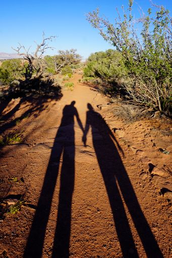 The long shadow cast by a couple holding hand
