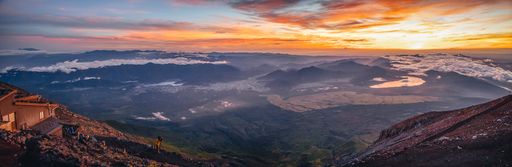 A panoramic view of Mount Fuji during the sunrise in the morning in Japan
