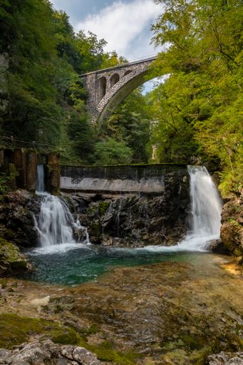 A vertical shot of the Vintgar Gorge in Slovenia